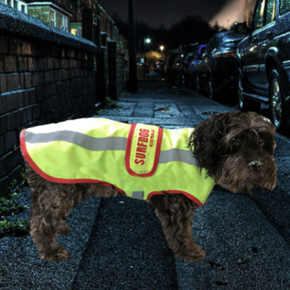 Dog Hi-Visibility coats  Hi-Visibility coats for our Aussie dogs! A lightweight little rain jacket. Strong water resistant hi-visibility fabric with a lightweight lining. Wave shaped reflective strip for added night time safety. Light your dog up for safe walking at night. Great for camping so you do not loose sight of your best friend!