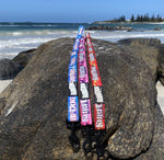 The brightest, coolest collars and leashes you will see on the beach this summer. Our collars and leashes are made with board short fabric in vibrant beach colours. Neoprene handles for comfort and 2 widths for small and large dogs. Dog leashes for dogs that love the beach